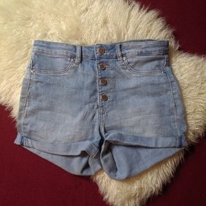 High Rise Denim Light Wash Button Fly Shorts